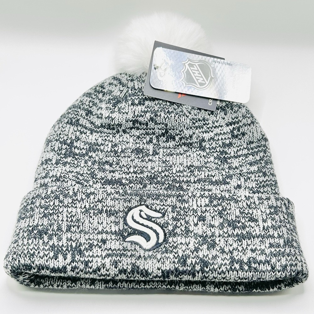 Seattle Kraken Fanatics Glimmer Heather Beanie Hat Cap Pom Knit Cuff Blue NHL